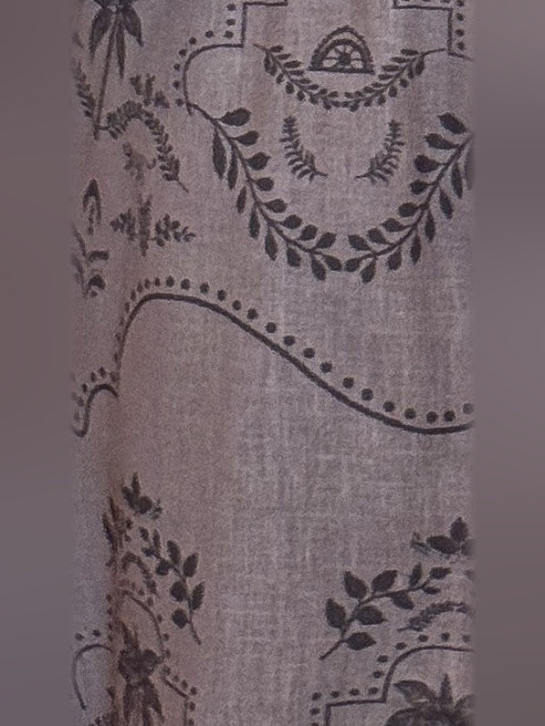 Espresso printed fabric with decorative motifs and scrollwork details