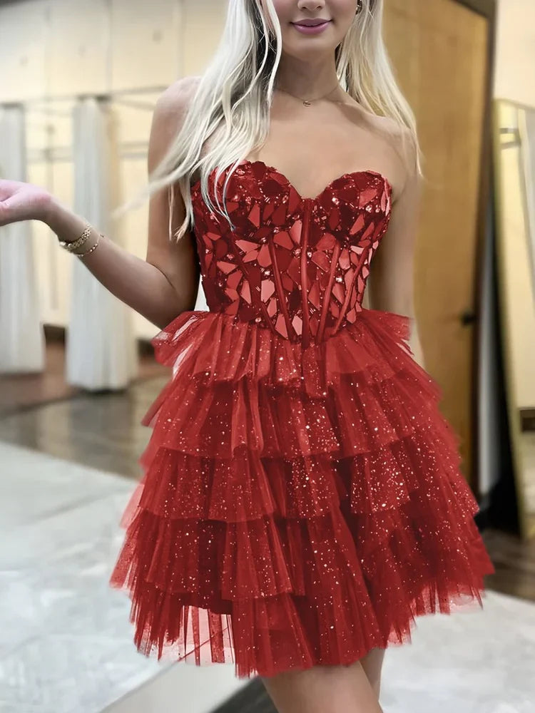 Red tiered ruffled tulle homecoming mini dress with sweetheart corset bodice