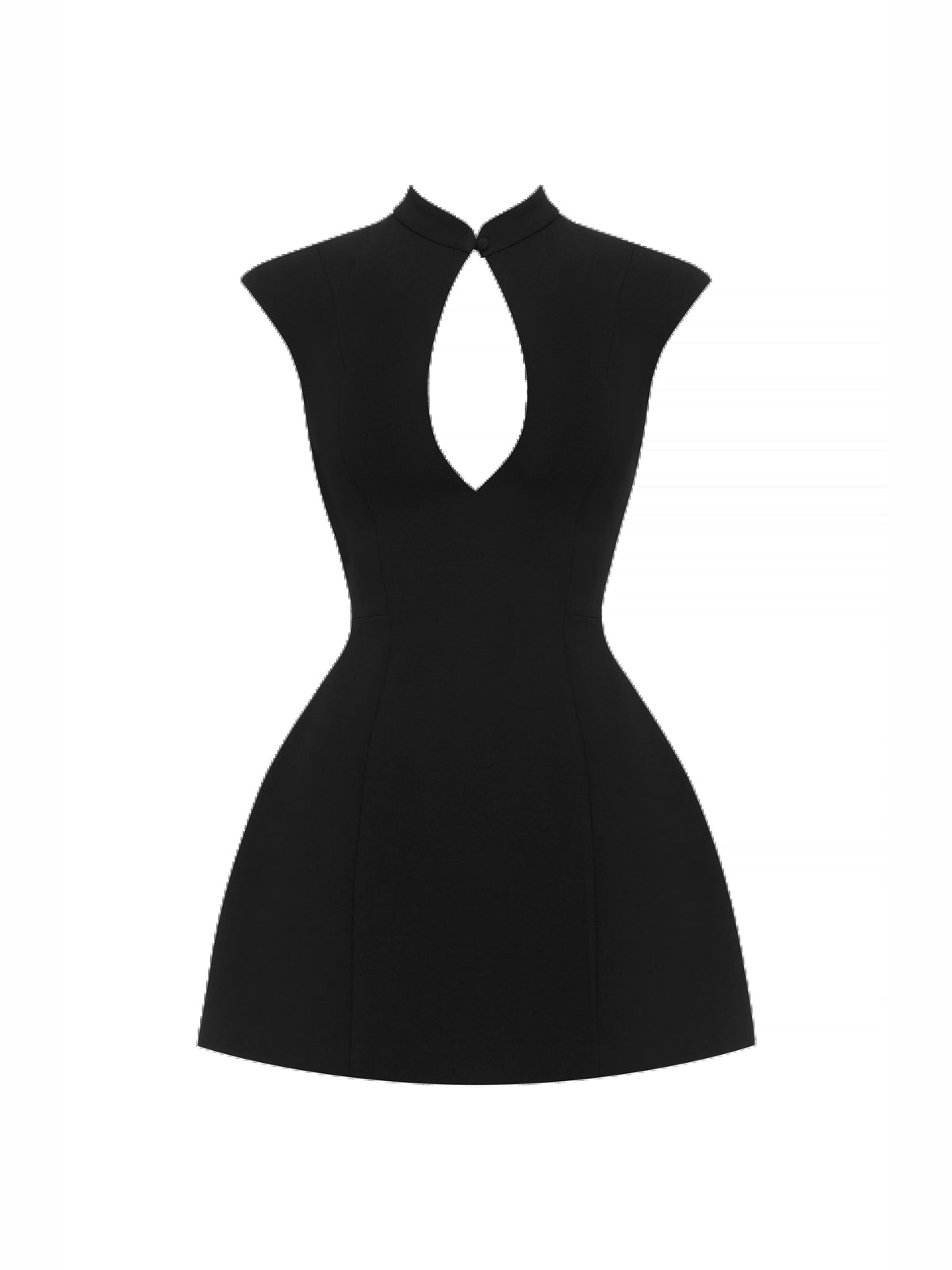 Black sleeveless mini dress on plain background with keyhole neckline