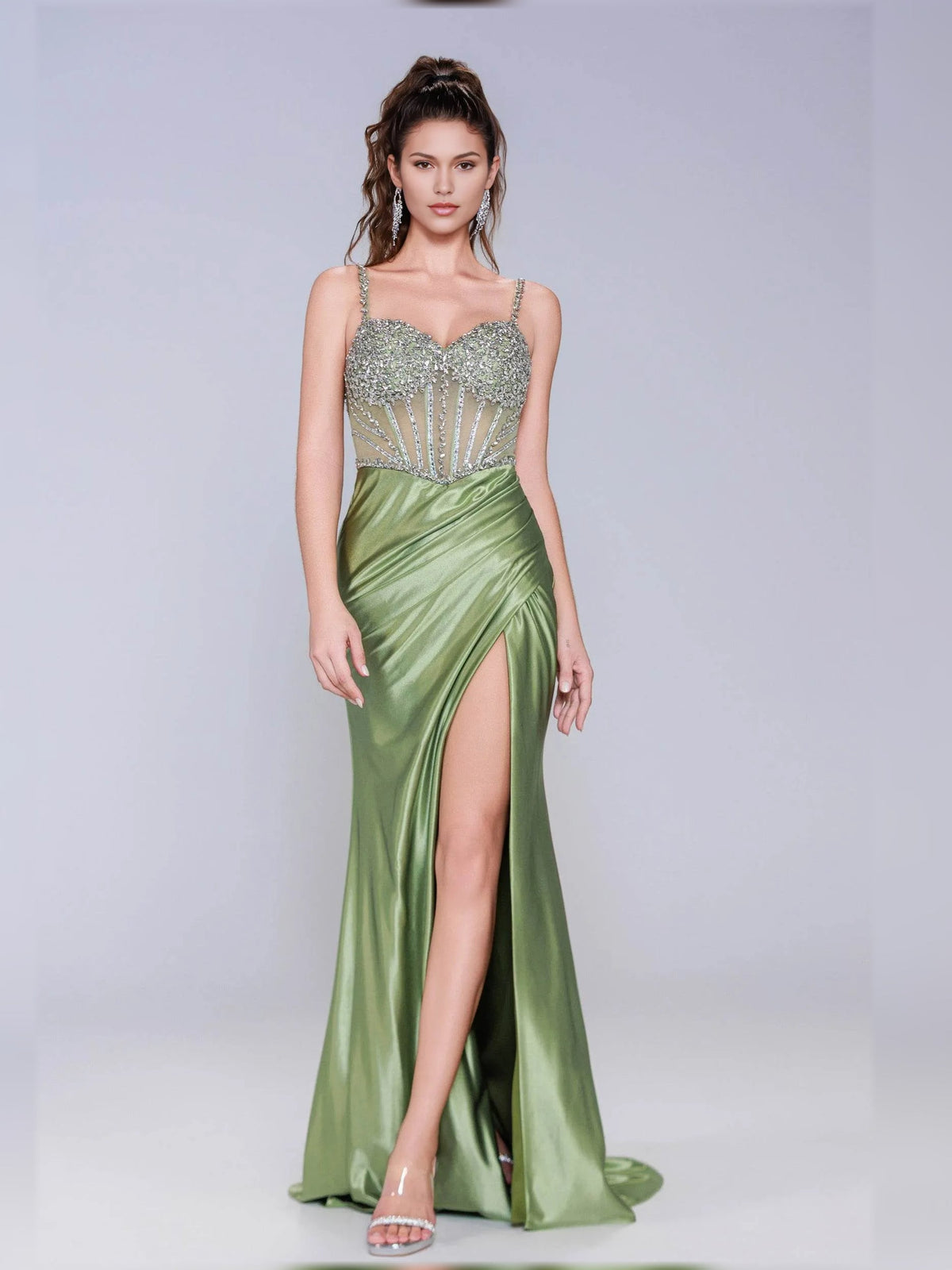 Dusty sage sweetheart corset dress with beaded straps and long satin skirt slit.