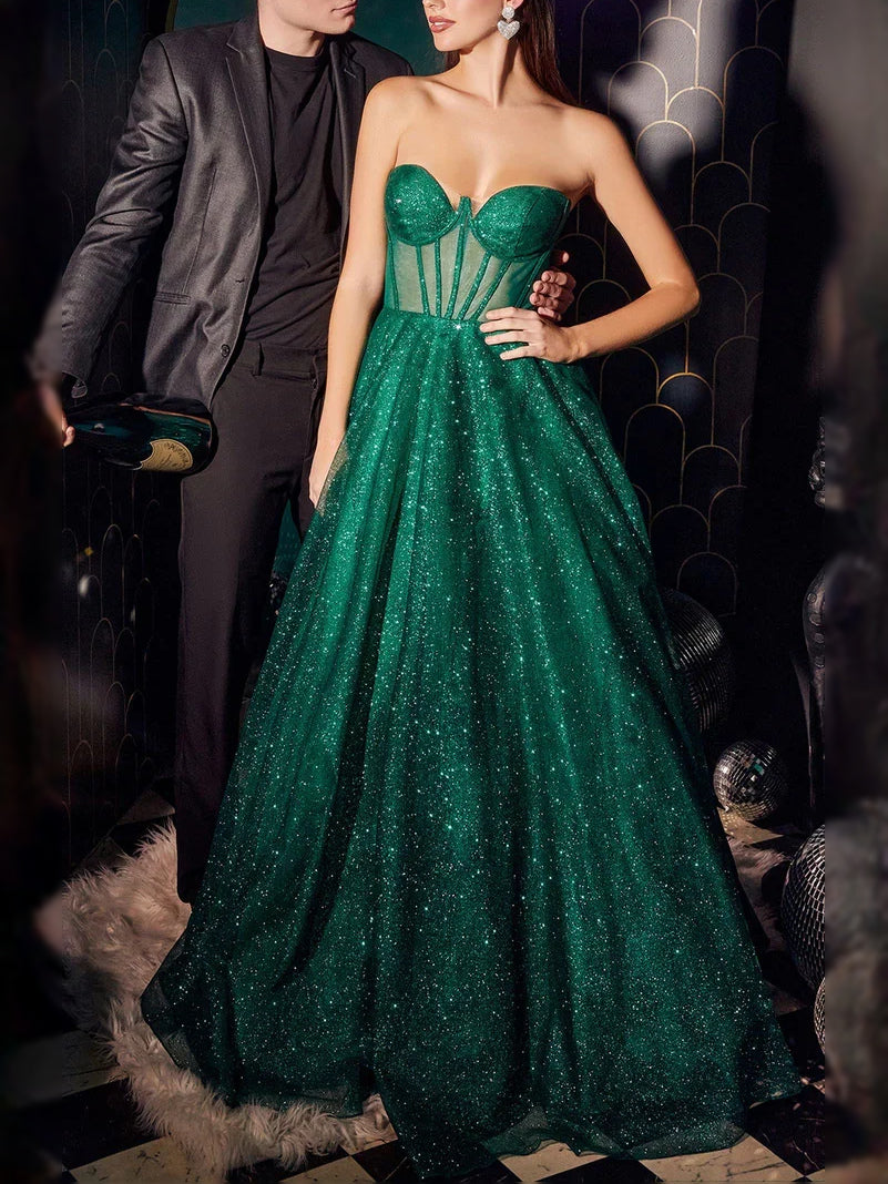 Emerald green sequin sweetheart corset prom dress, floor-length A-line skirt