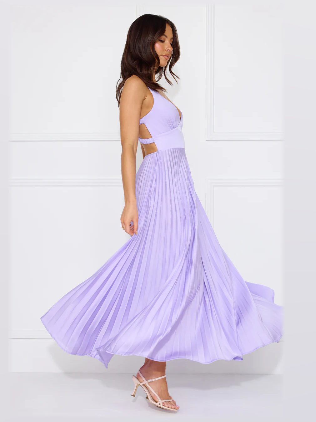 Lilac midi formal dress, alternate full-length view showing the overall shape