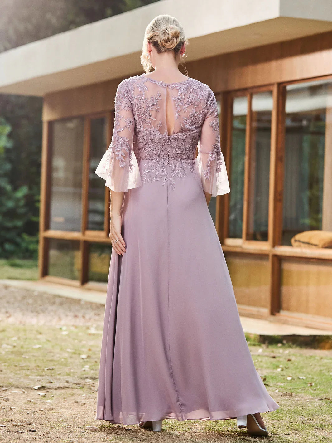 Floral illusion neck A-line chiffon dress, dusty mauve, back view, ruffle bell sleeves