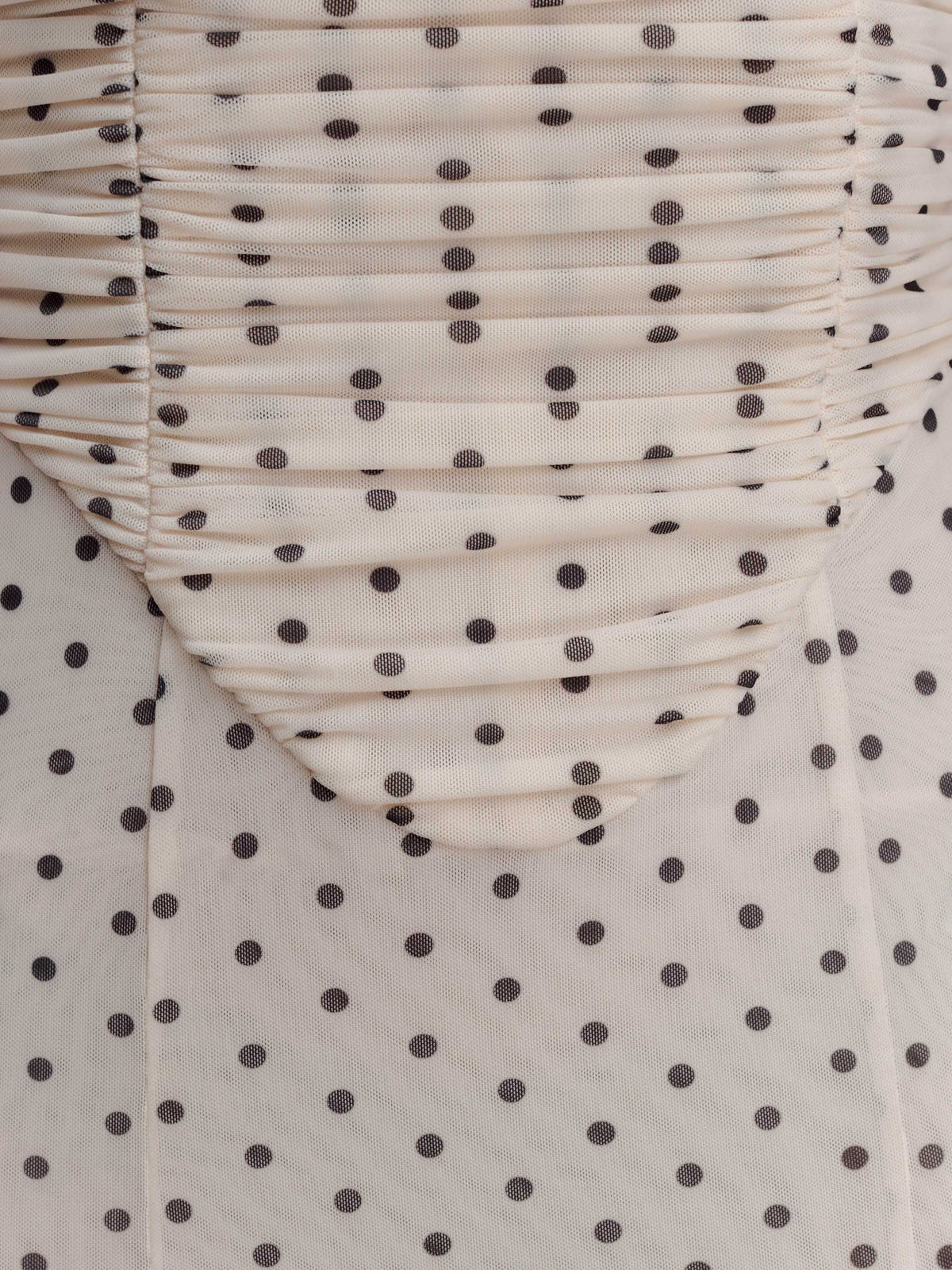 Polka-dot mesh fabric panel with gathered ruching and black dot pattern
