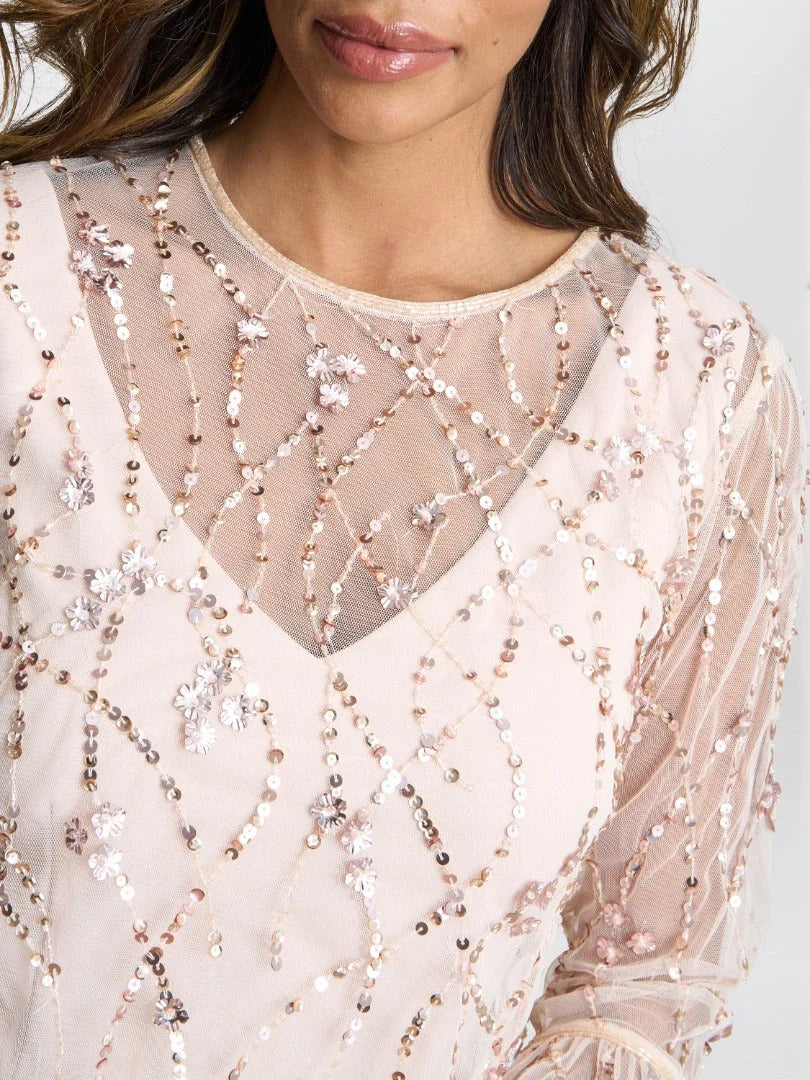Light pink beaded embroidered sheer overlay top with round neckline