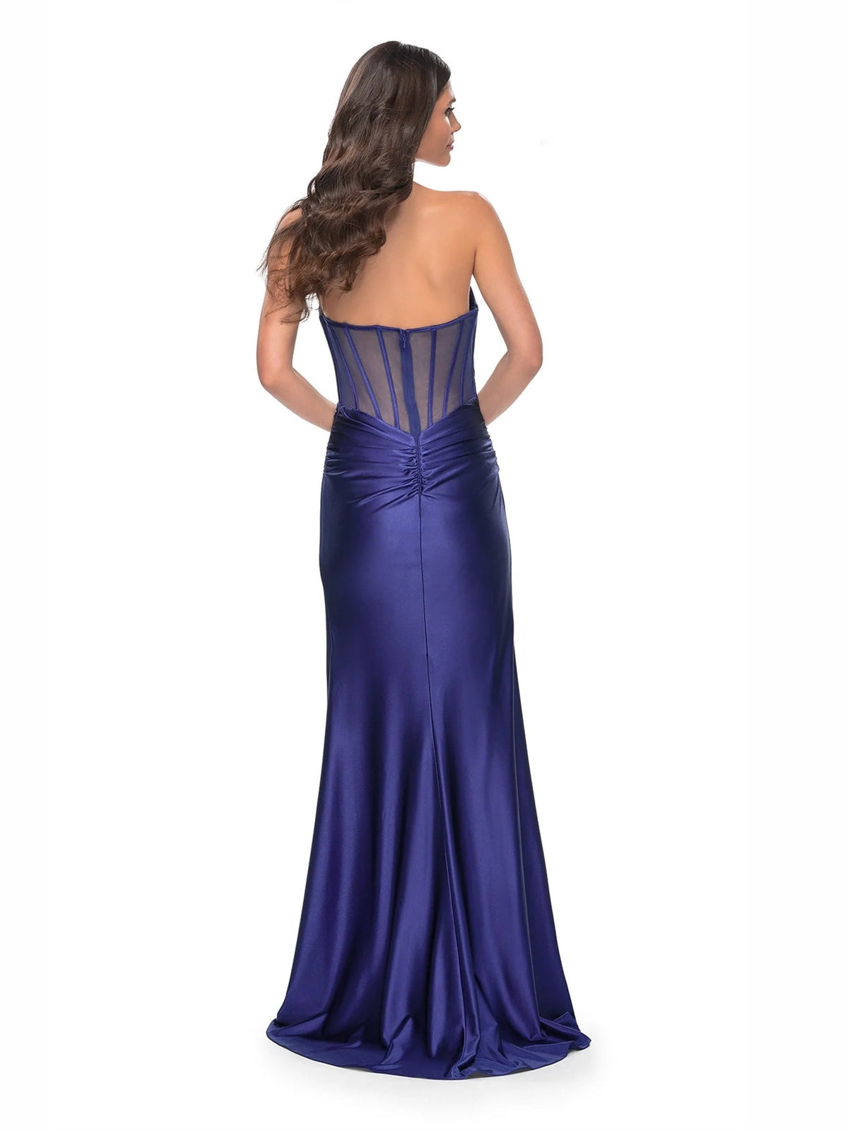 Royal blue sweetheart corset formal dress, ruched satin with sheer back panel detailing