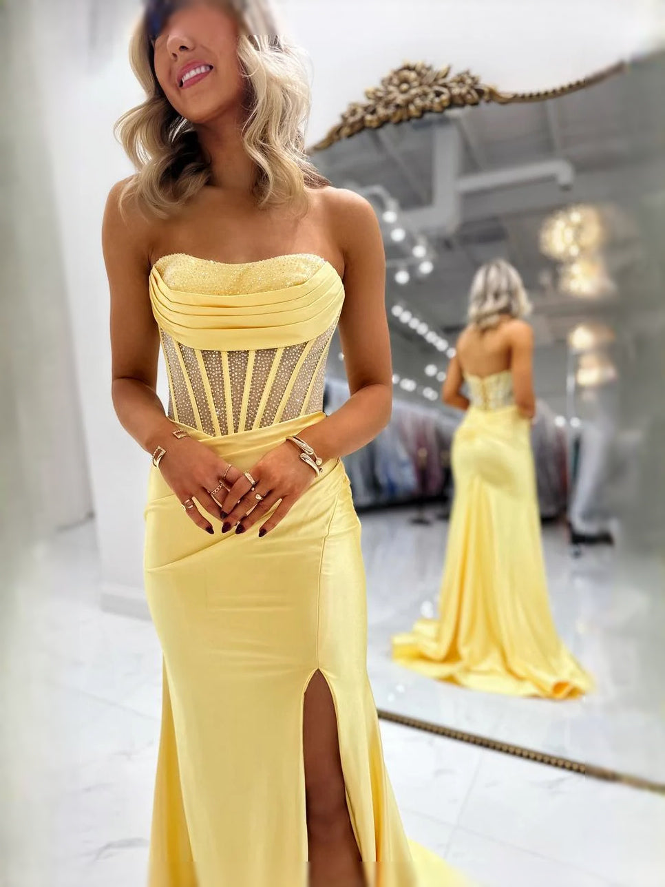 Yellow strapless corset satin prom dress with ruched sweetheart neckline and slit