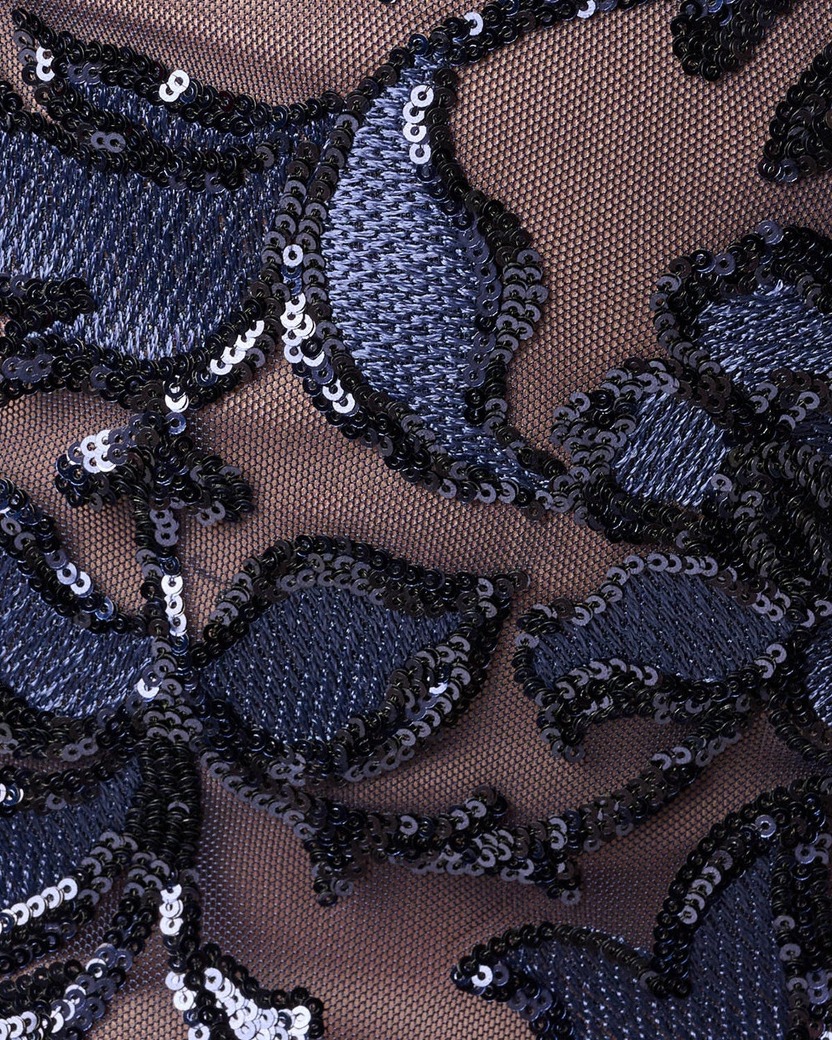 Navy floral sequin mesh detail with dark beadwork and scalloped pattern
