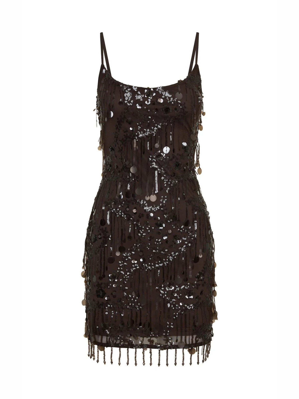 Beaded mini dress on white background, spaghetti straps, sequins, and fringe hem
