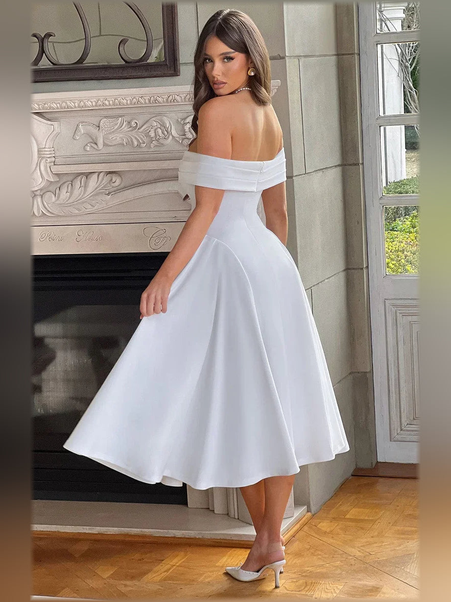 White off-the-shoulder A-line midi formal dress, front view, flared pleated skirt