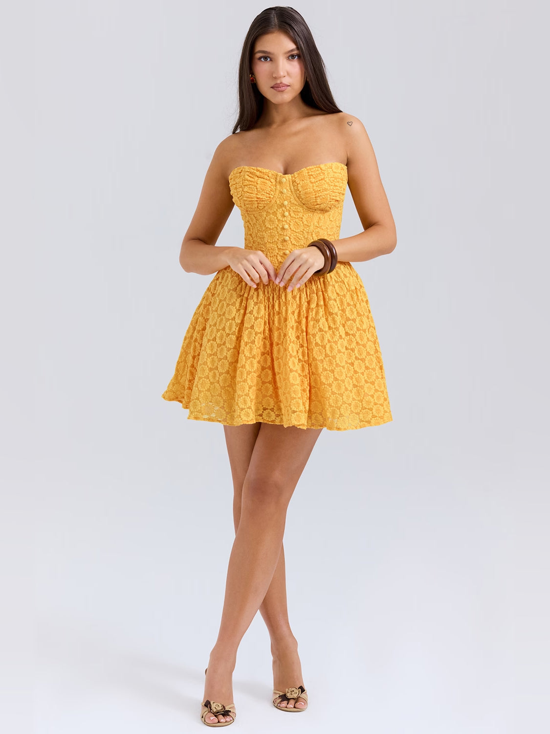 Apricot corset mini dress, sweetheart neckline, textured fabric, A-line flared skirt
