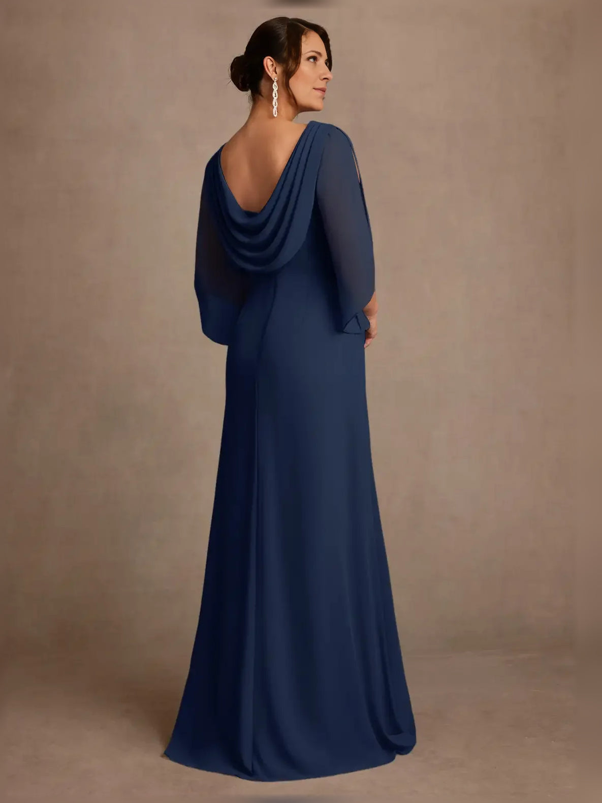 Navy blue draped boat-neck A-line gown with cowl-draped back, floor-length