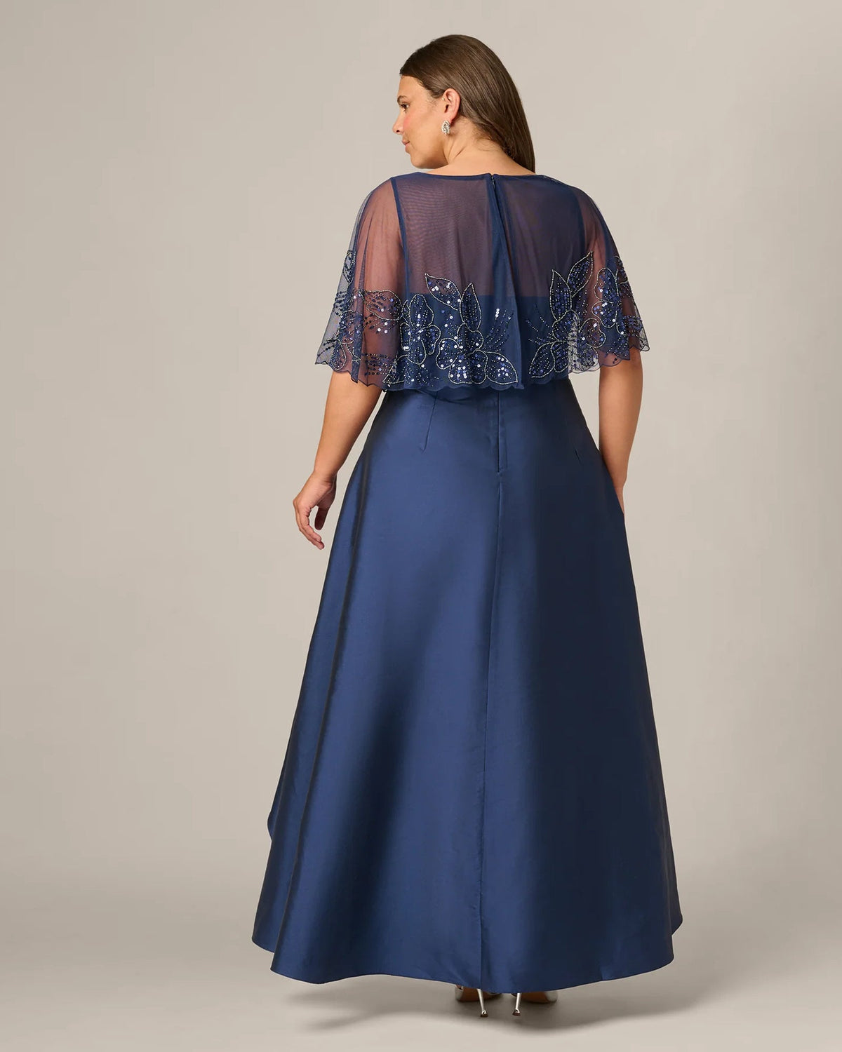 Light navy A-line maxi dress, back view with sheer sequined yoke