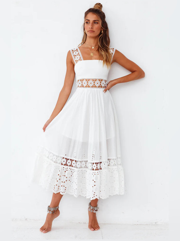 White a-line maxi formal dress with tiered skirt, alternate view showing the hem