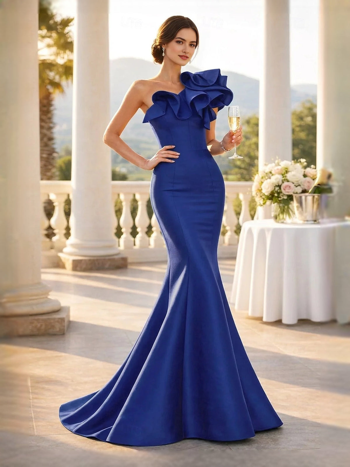 One-shoulder mermaid prom dress in royal blue satin with layered ruffle shoulder