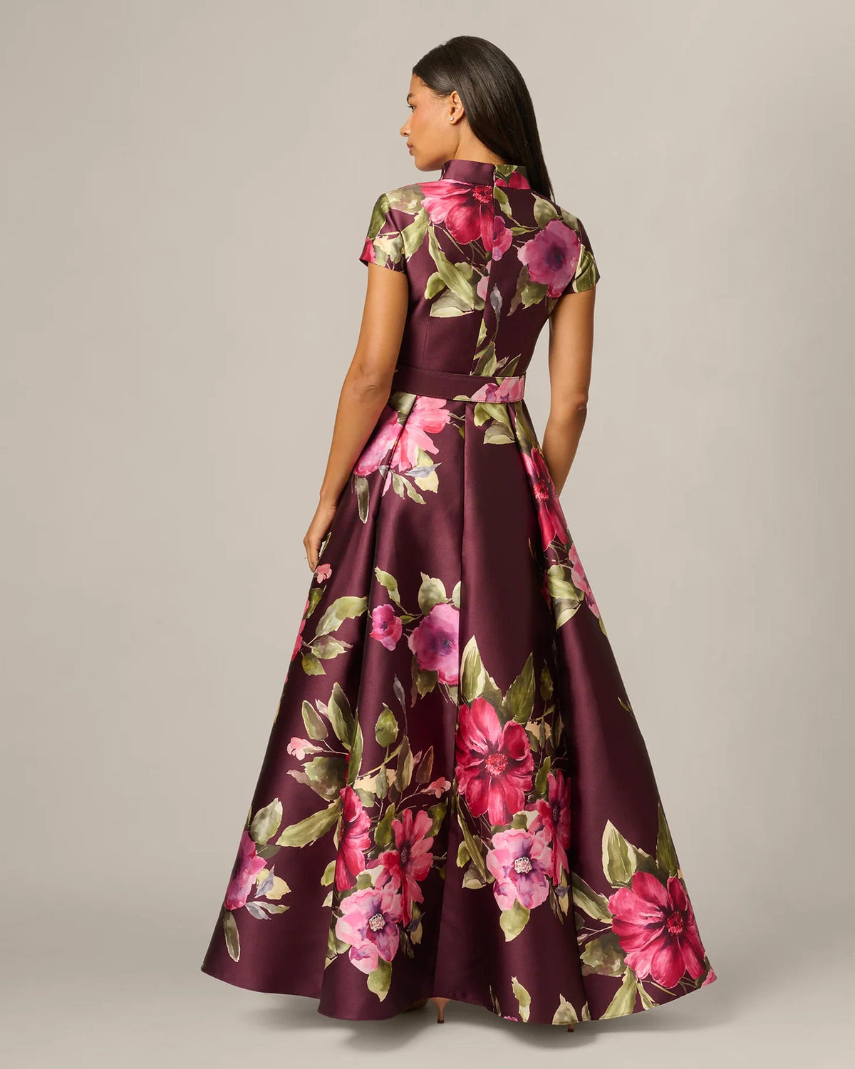 Burgundy floral maxi dress back view with short sleeves and full A-line skirt
