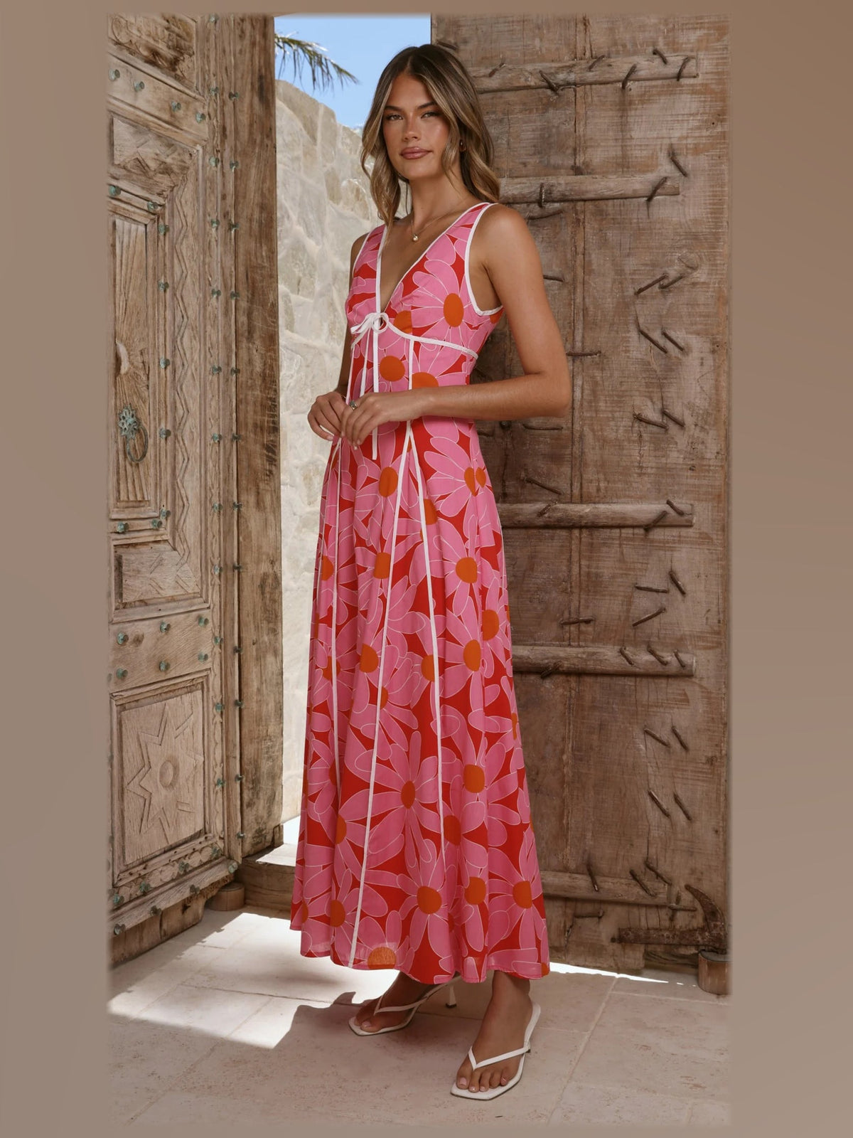 Pink Red Floral maxi formal dress, alternate full-length view showing the overall shape