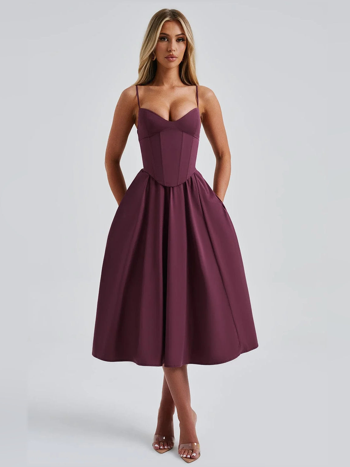 Cherry midi formal dress with spaghetti straps and sweetheart neckline, structured bodice, A-line skirt