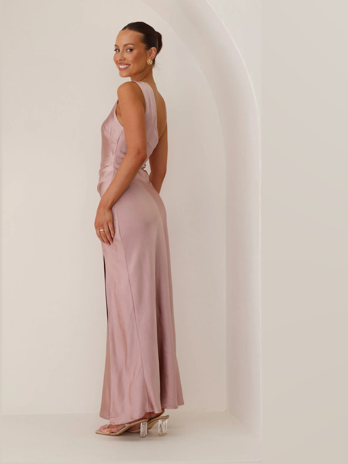 Dusty Pink maxi formal dress, alternate full-length view showing the overall shape
