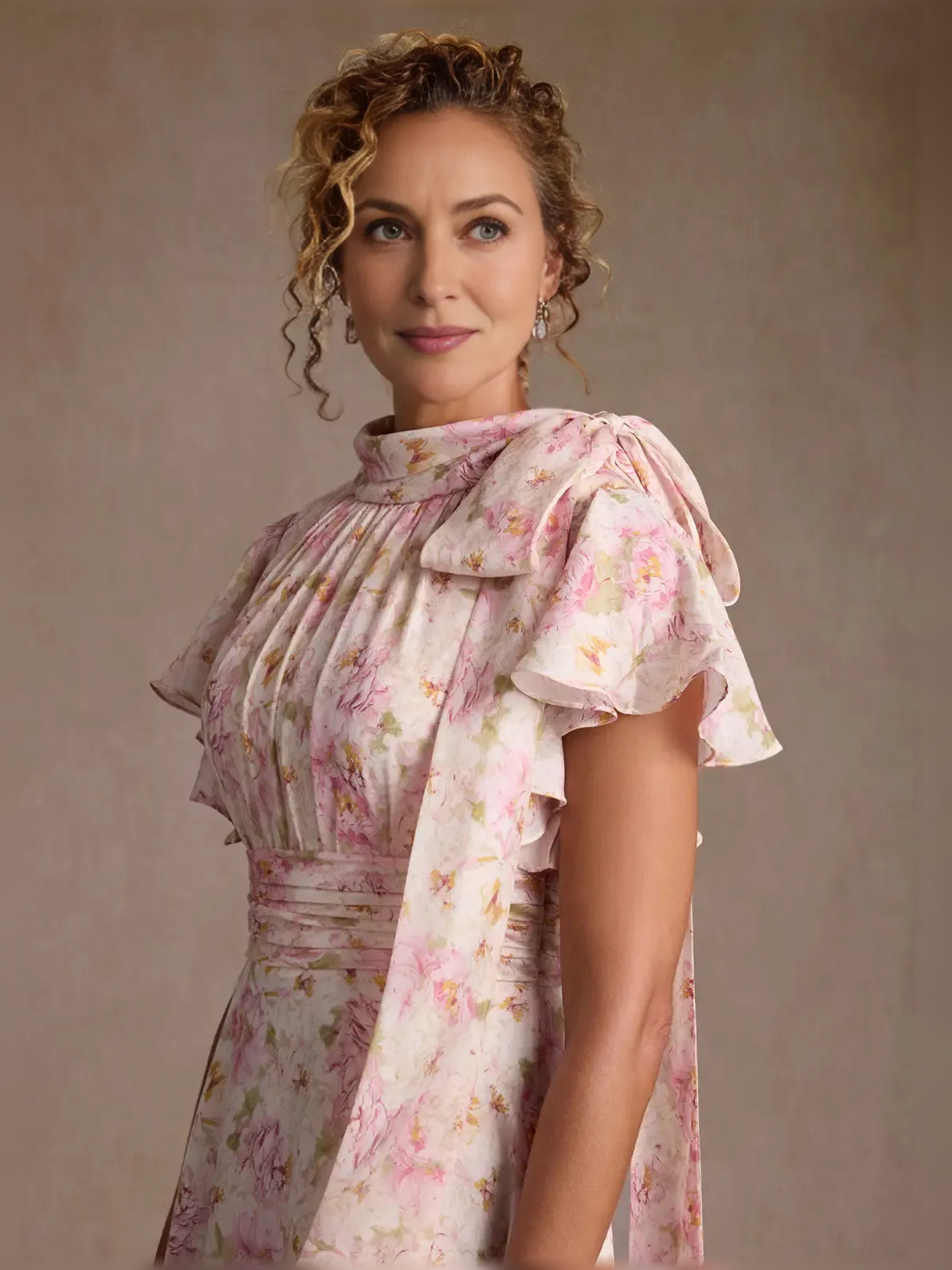 Floral chiffon maxi dress with high neck and layered ruffle sleeves, pleated waist