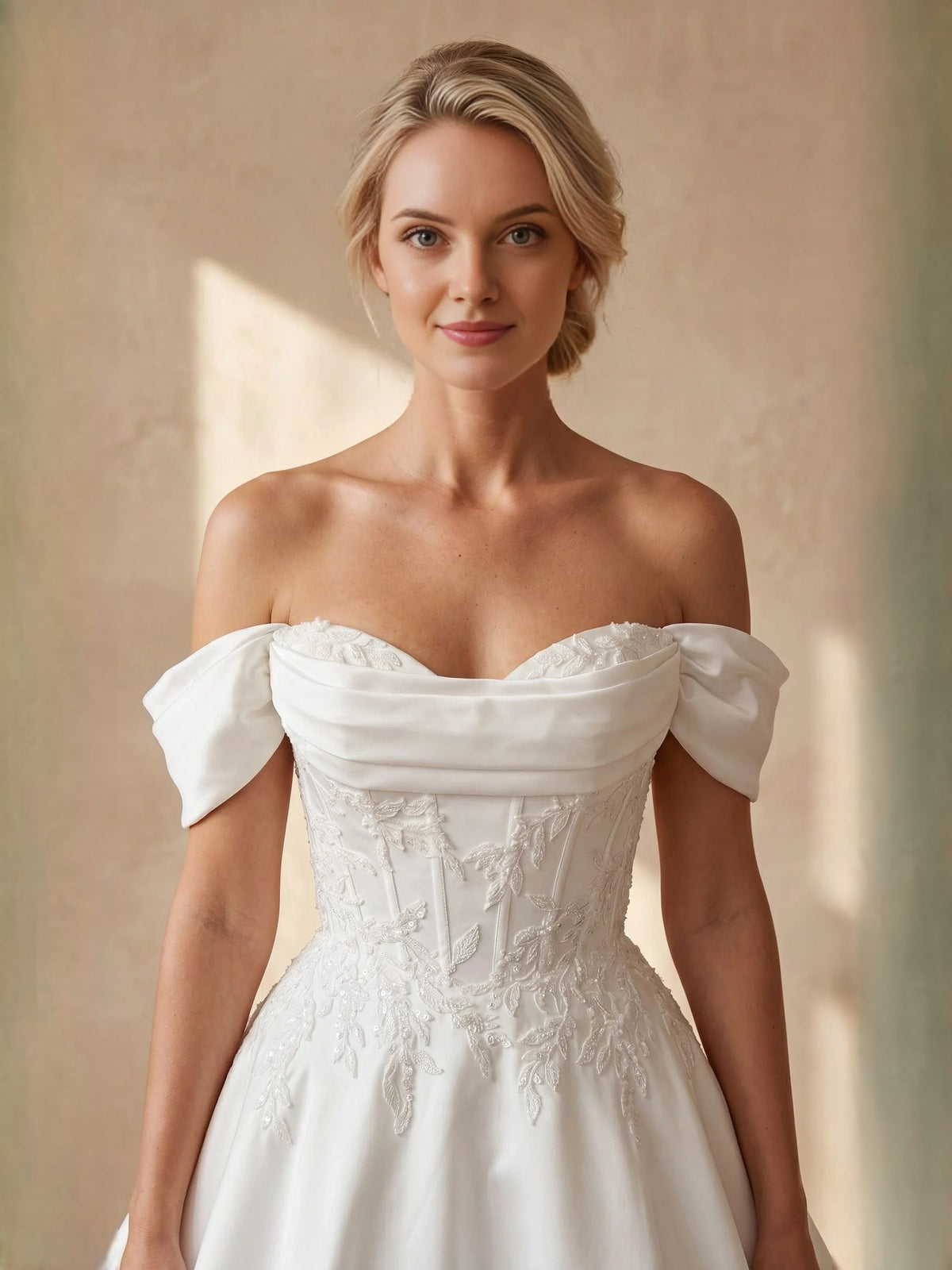 Ivory off-shoulder corset satin wedding dress with embellished lace bodice
