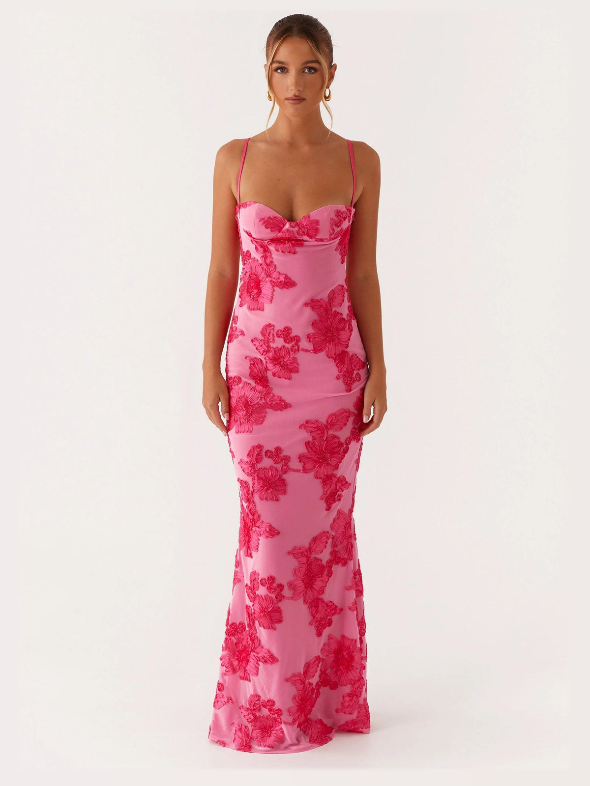 Pink maxi formal dress, alternate full-length view showing the overall shape