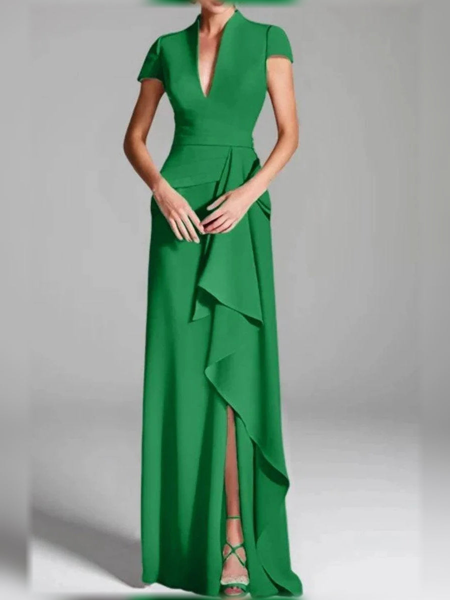 Emerald green V-neck mermaid mother-of-the-bride dress with ruffled drape and slit