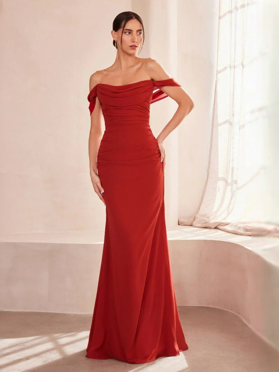 Terracotta red off-shoulder ruched mermaid dress with gathered bodice