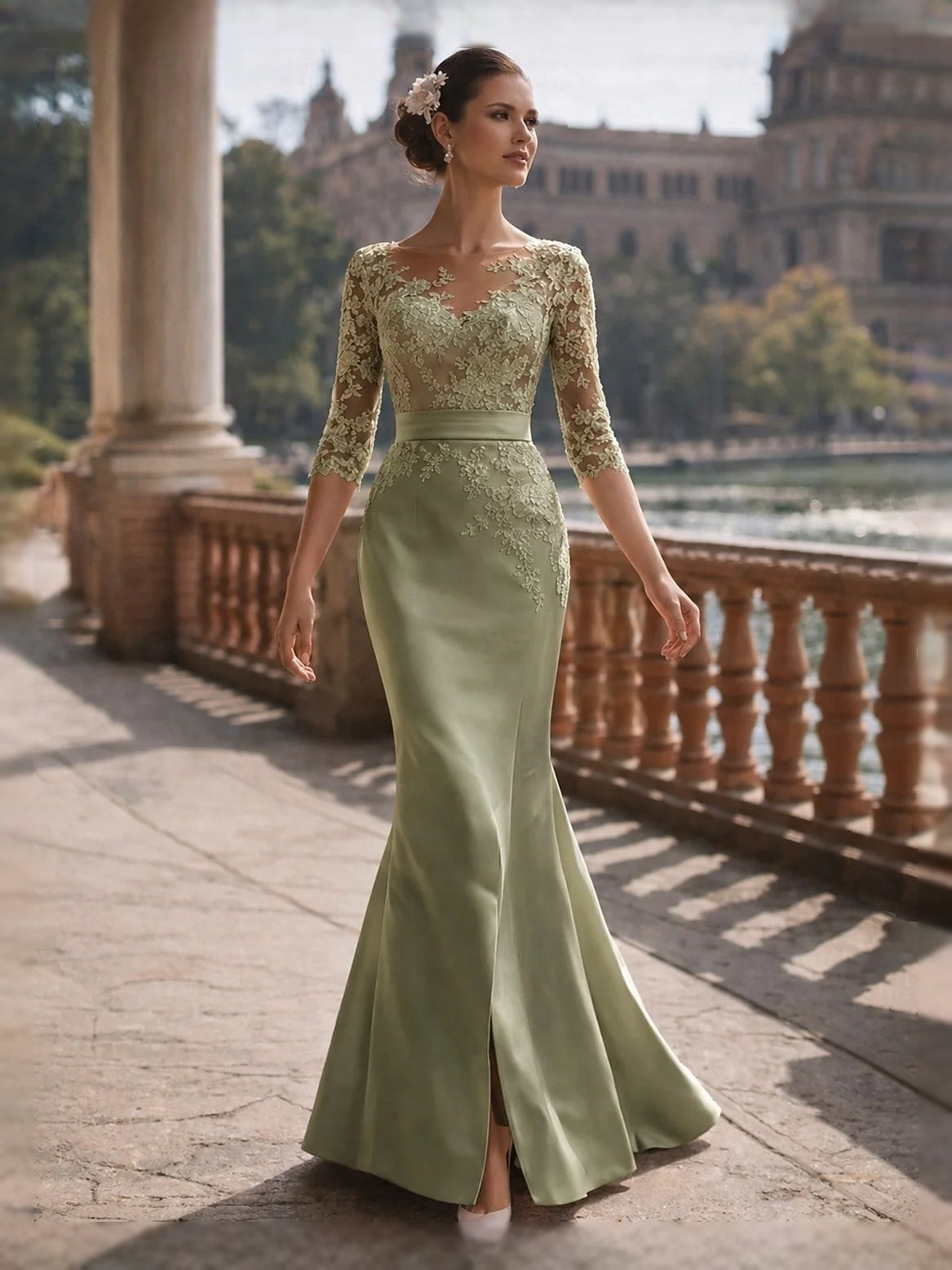 Sage satin mermaid gown with floral lace long sleeves, V-neck, and front slit