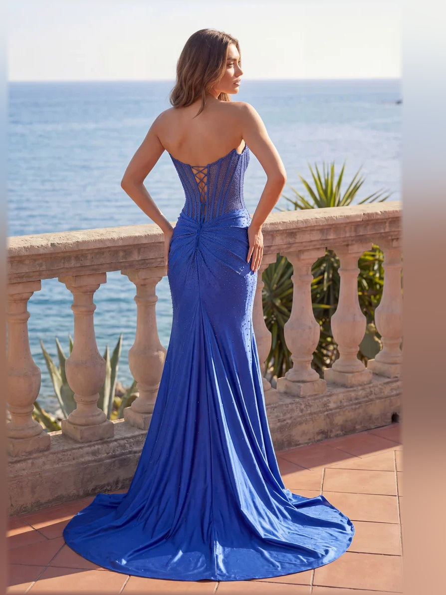 Royal blue off-shoulder corset formal dress with open back and draped floor-length skirt