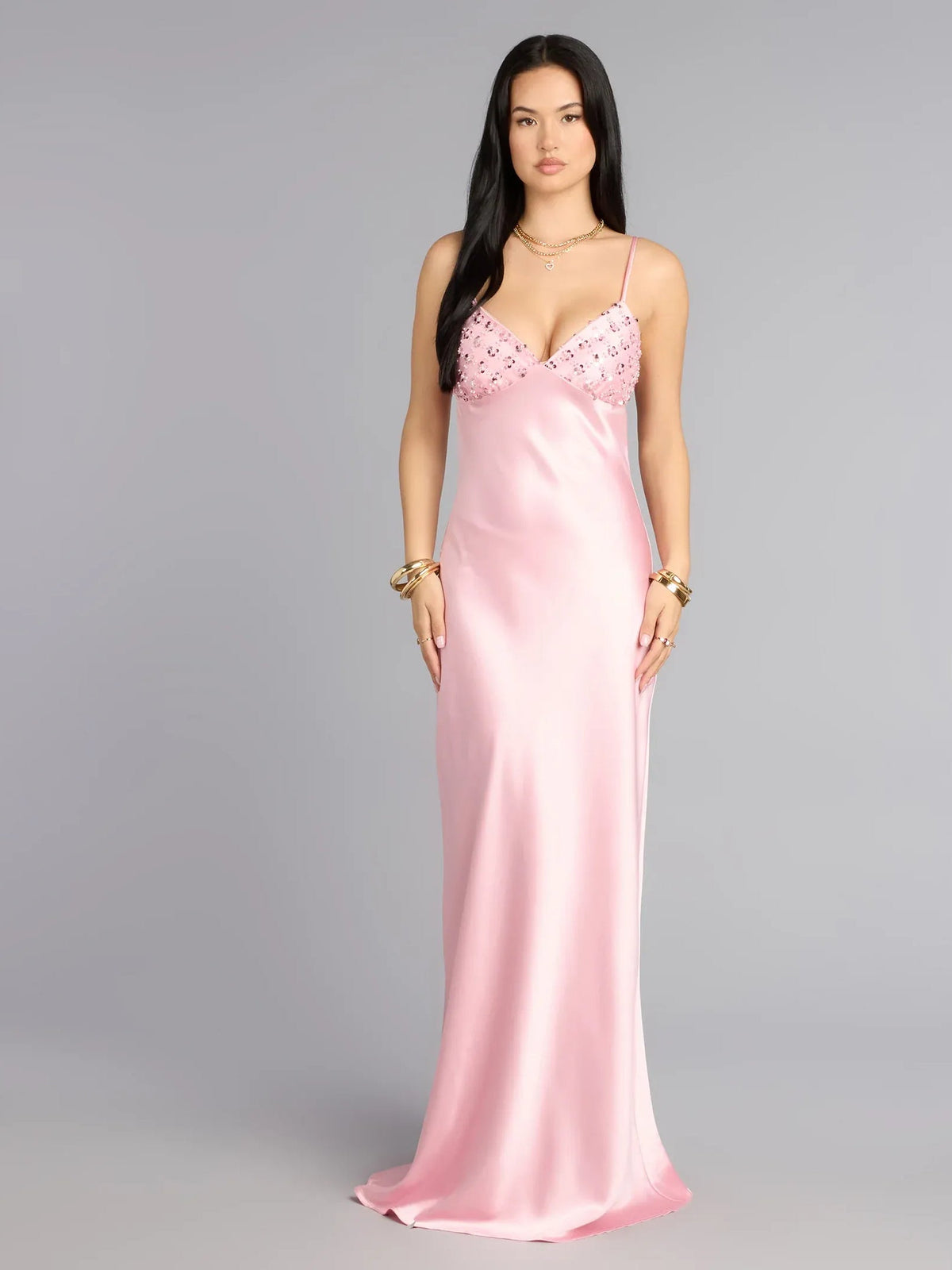 Pink satin floor-length dress with beaded sweetheart bodice and thin spaghetti straps
