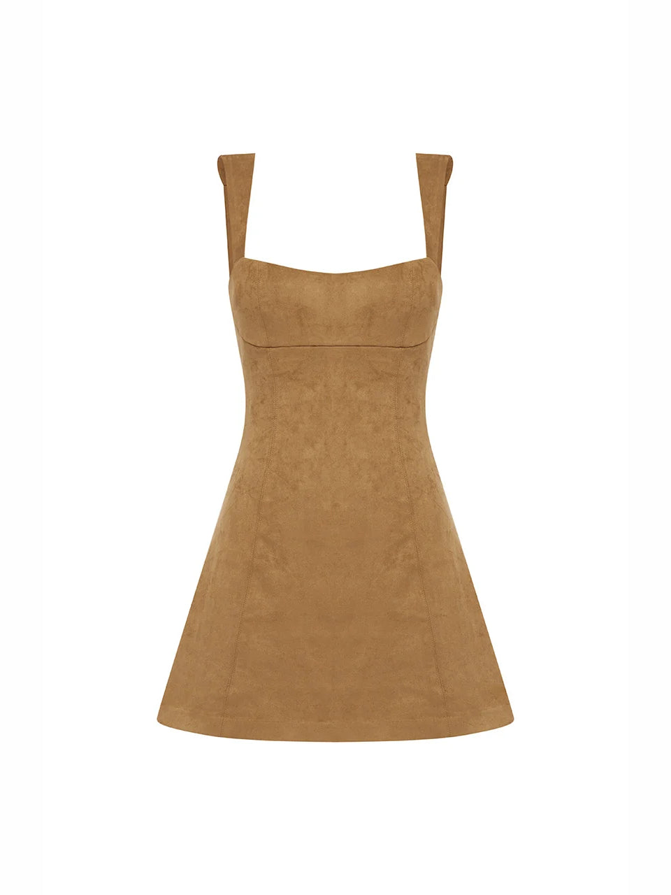 Tan square-neck mini dress, sleeveless with spaghetti straps (flat lay)