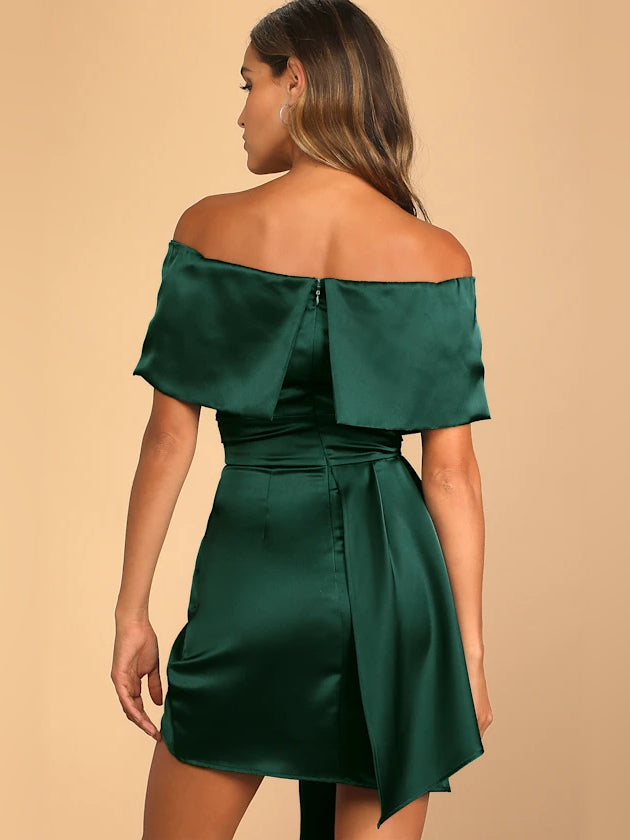 Green satin off-shoulder mini dress, back view with gathered waist and tie detail