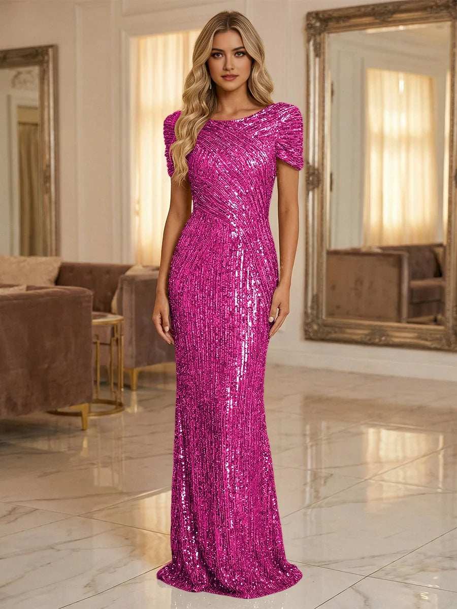 Fuchsia sequin mermaid prom dress with boat neckline and short sleeves, floor-length