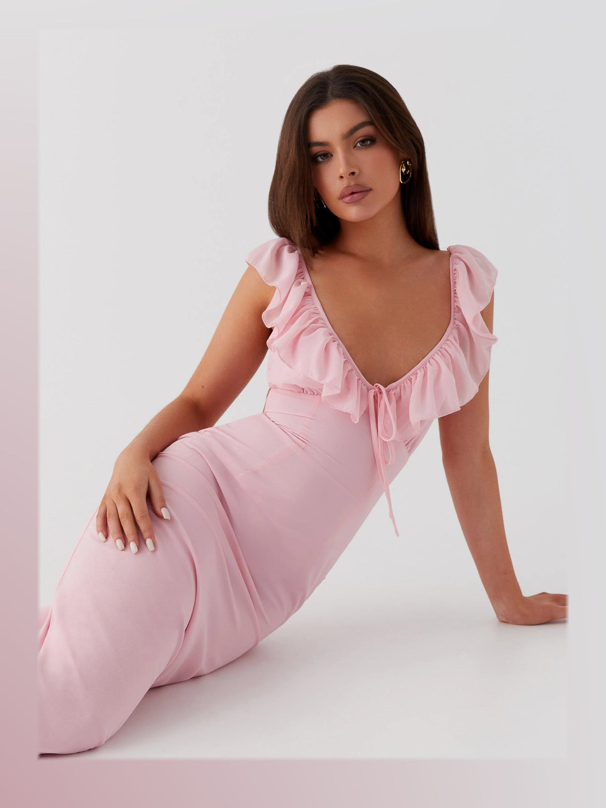 Pink maxi formal dress, alternate full-length view showing the overall shape