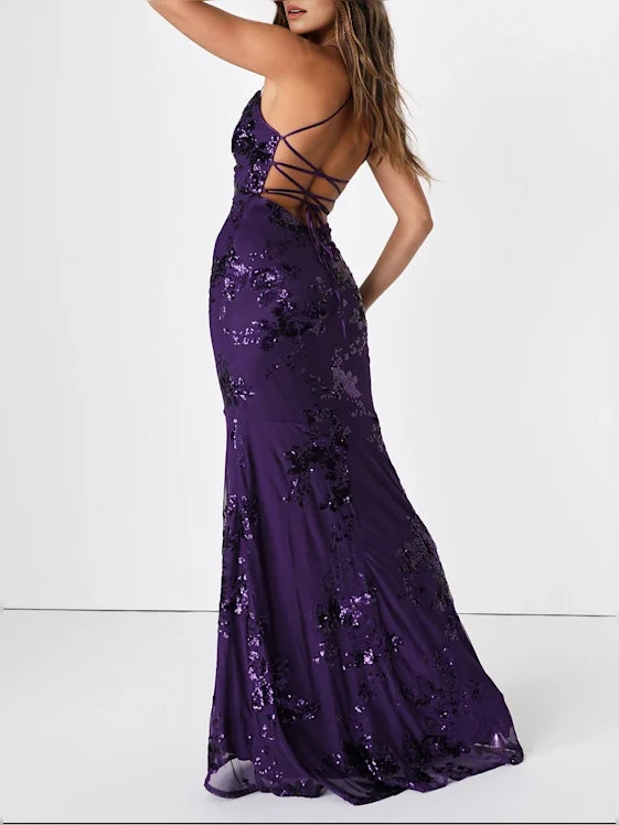 Purple sequin mermaid gown with lace-up back and V-neck spaghetti straps
