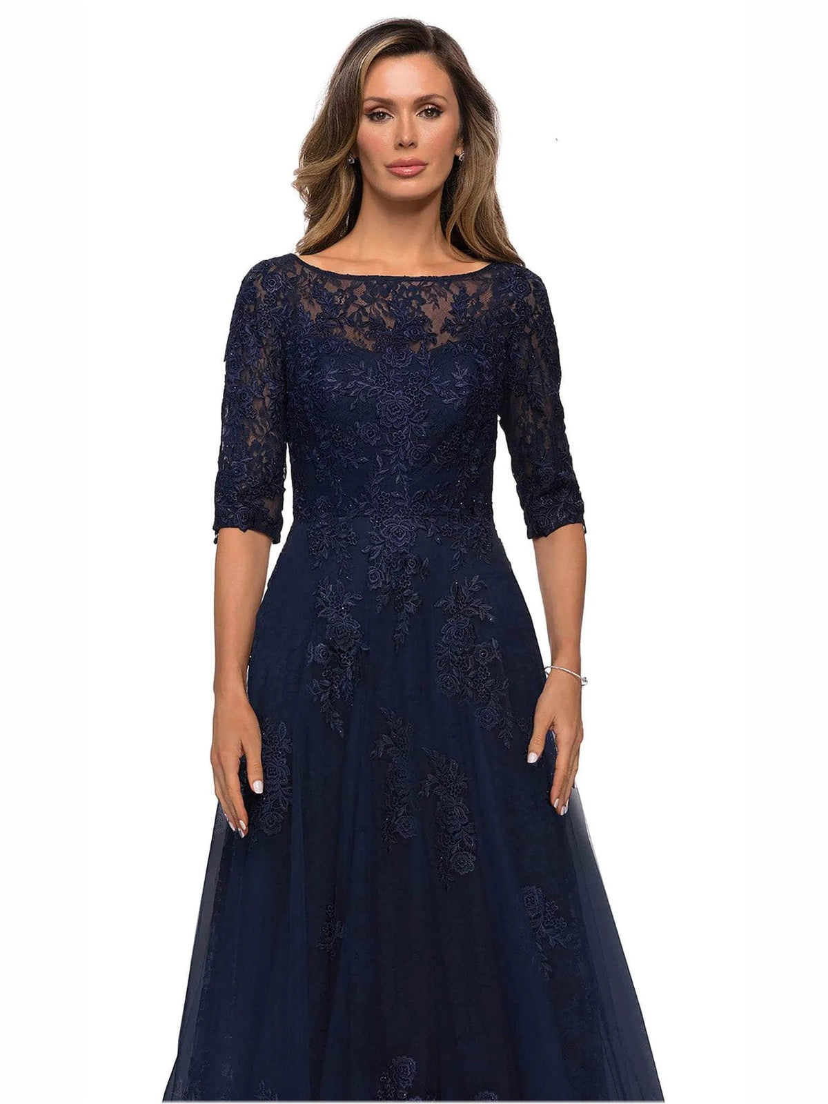 Dark navy embroidered floral A-line mother of the bride tulle dress with bateau neckline