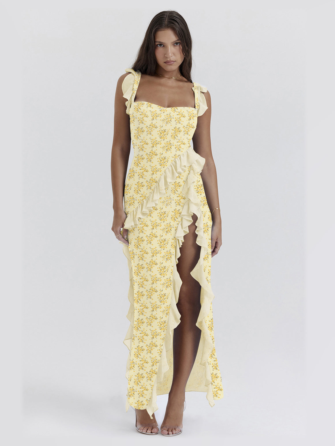 Yellow maxi formal dress, alternate full-length view showing the overall shape