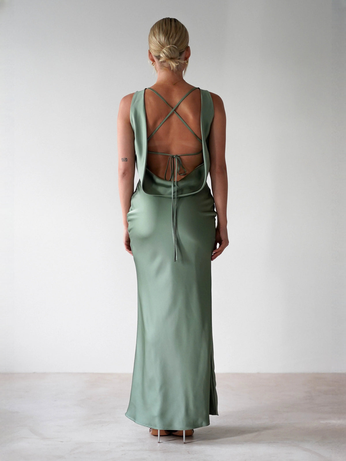Olive sheath maxi formal dress with sheath, alternate full-length view showing the hem