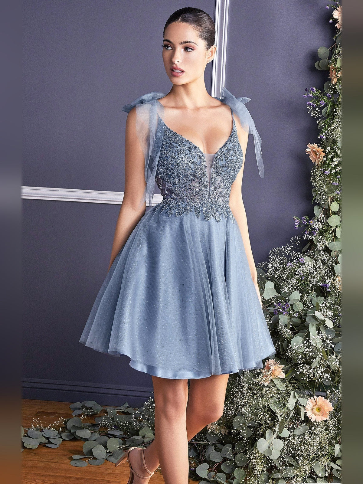 Steel blue beaded V-neck A-line short tulle dress with bow straps