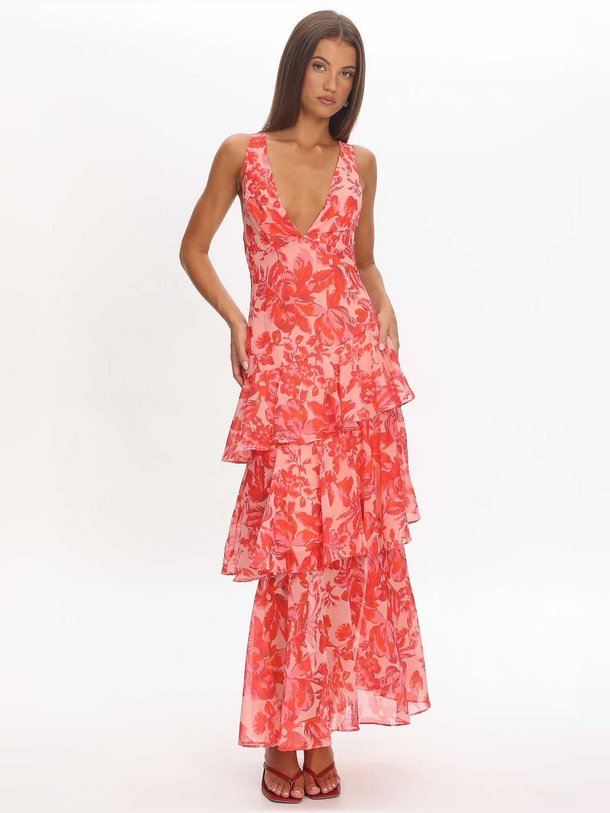 Red floral tiered midi dress with V-neck bodice and fluttery ruffle layers