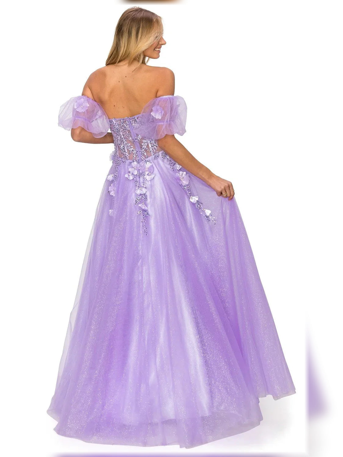Lilac off-the-shoulder formal dress with puff sleeves and embroidered tulle back