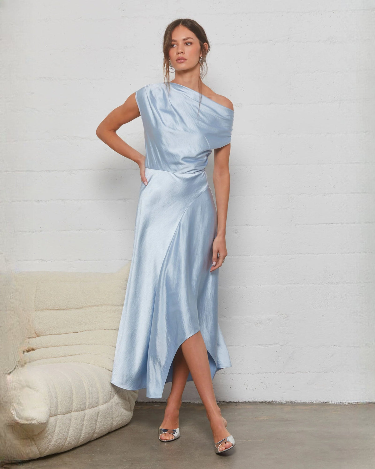 Light blue satin sleeveless A-line midi dress with off-shoulder neckline and asymmetrical hem