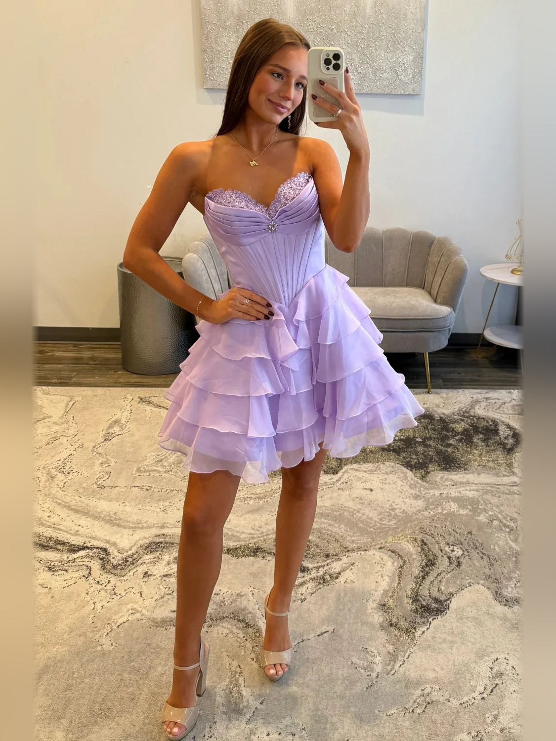 Lilac satin corset dress with sweetheart neckline and tiered ruffle skirt