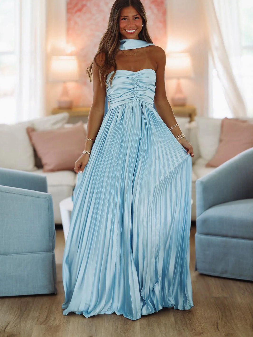 Light Blue a-line maxi formal dress with ruching, alternate full-length view showing the hem