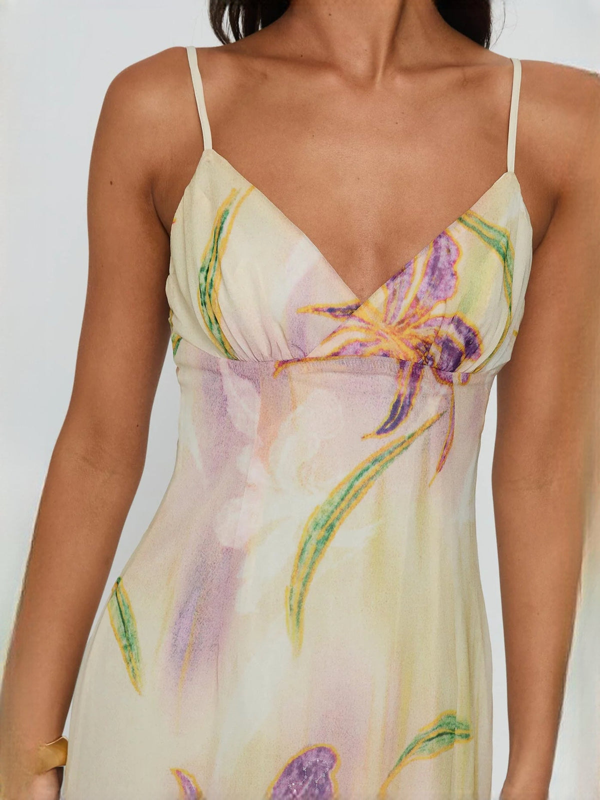 Ivory Pastel Floral Print sheath maxi formal dress with beading, alternate full-length view showing the hem