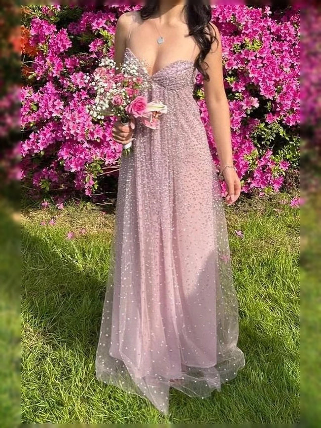 Dusty rose beaded tulle prom dress with sweetheart neckline, thin straps, and full A-line skirt