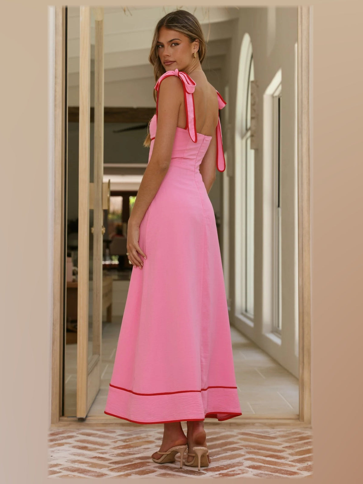 Pink midi formal dress, alternate full-length view showing the overall shape