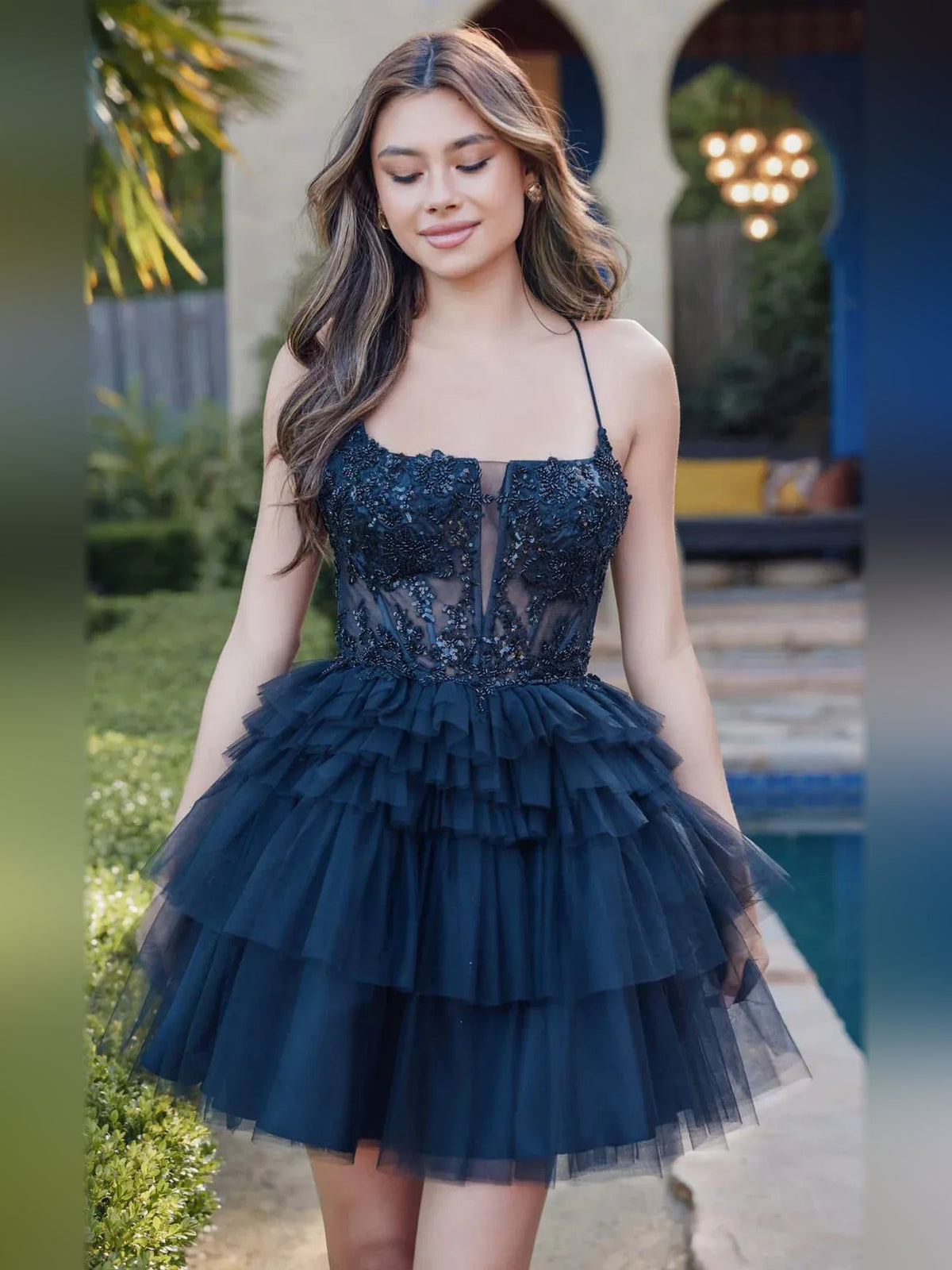 Navy glitter corset sweetheart A-line short tulle dress with tiered ruffle skirt