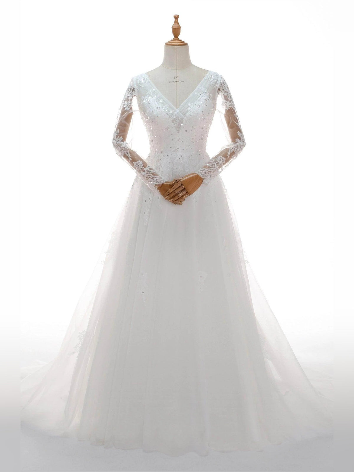 White V-neck A-line wedding dress with lace bodice, long sheer sleeves, and full skirt